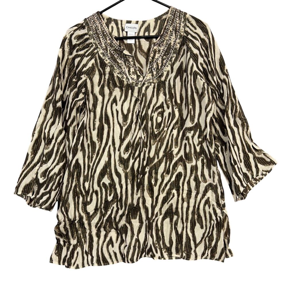 Chicos Womens Blouse Cream Brown Animal Print Silk Bejeweled V Neck 1 (M)